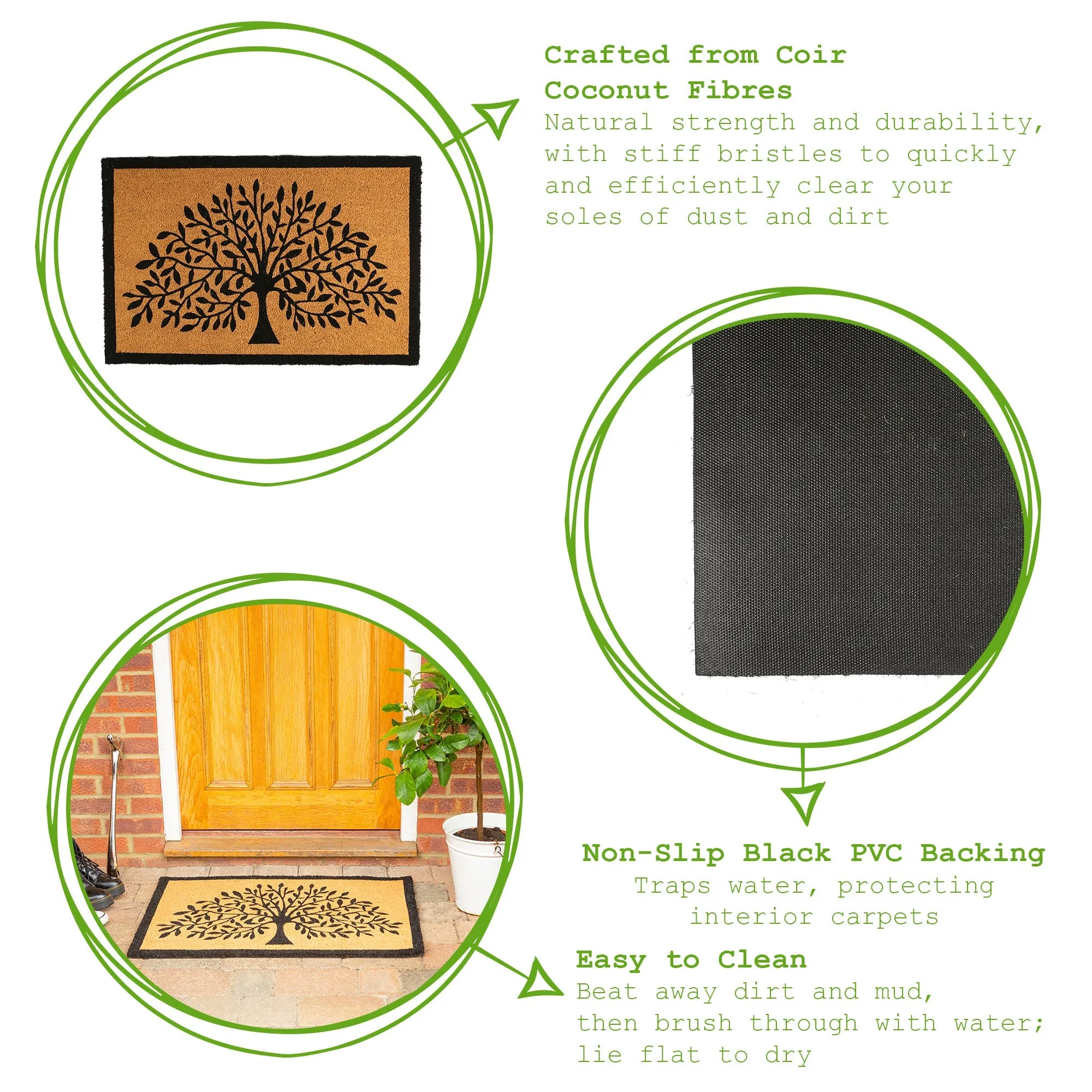 90cm x 60cm Black Tree of Life Coir Door Mat - By Nicola Spring