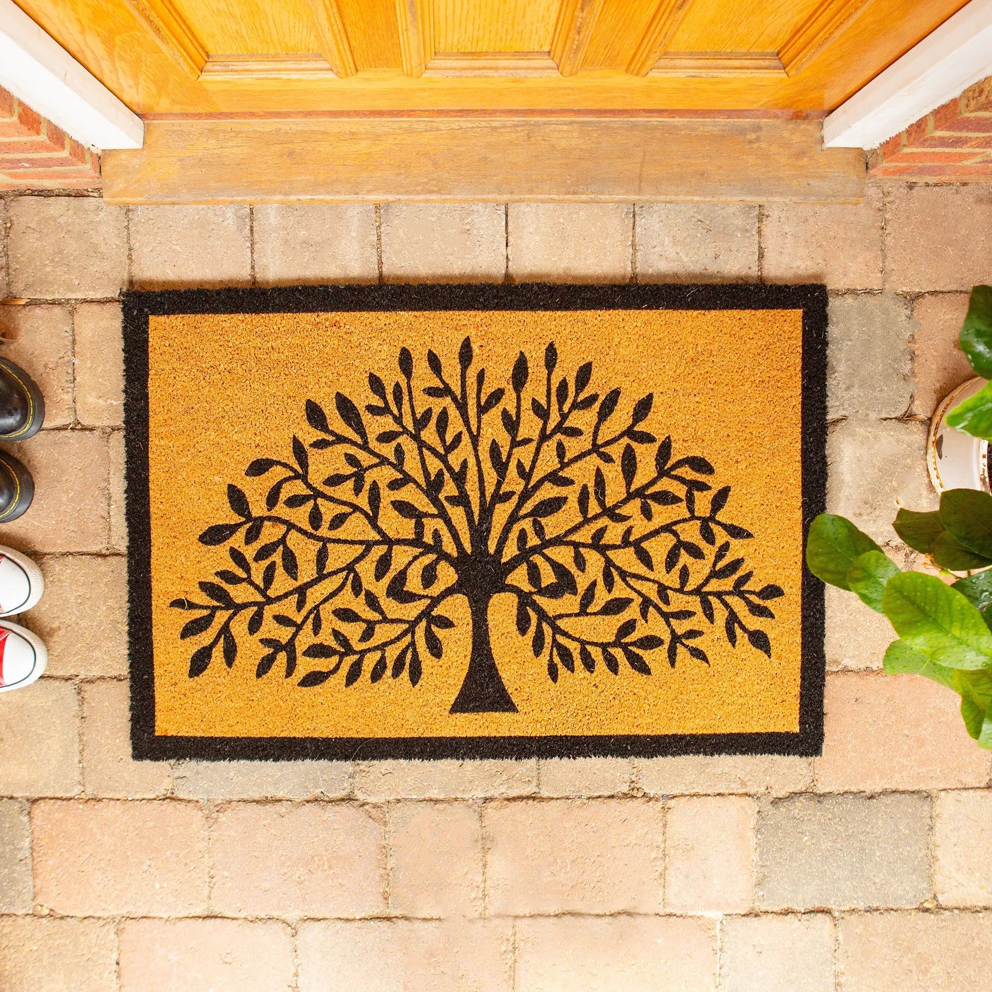 90cm x 60cm Black Tree of Life Coir Door Mat - By Nicola Spring