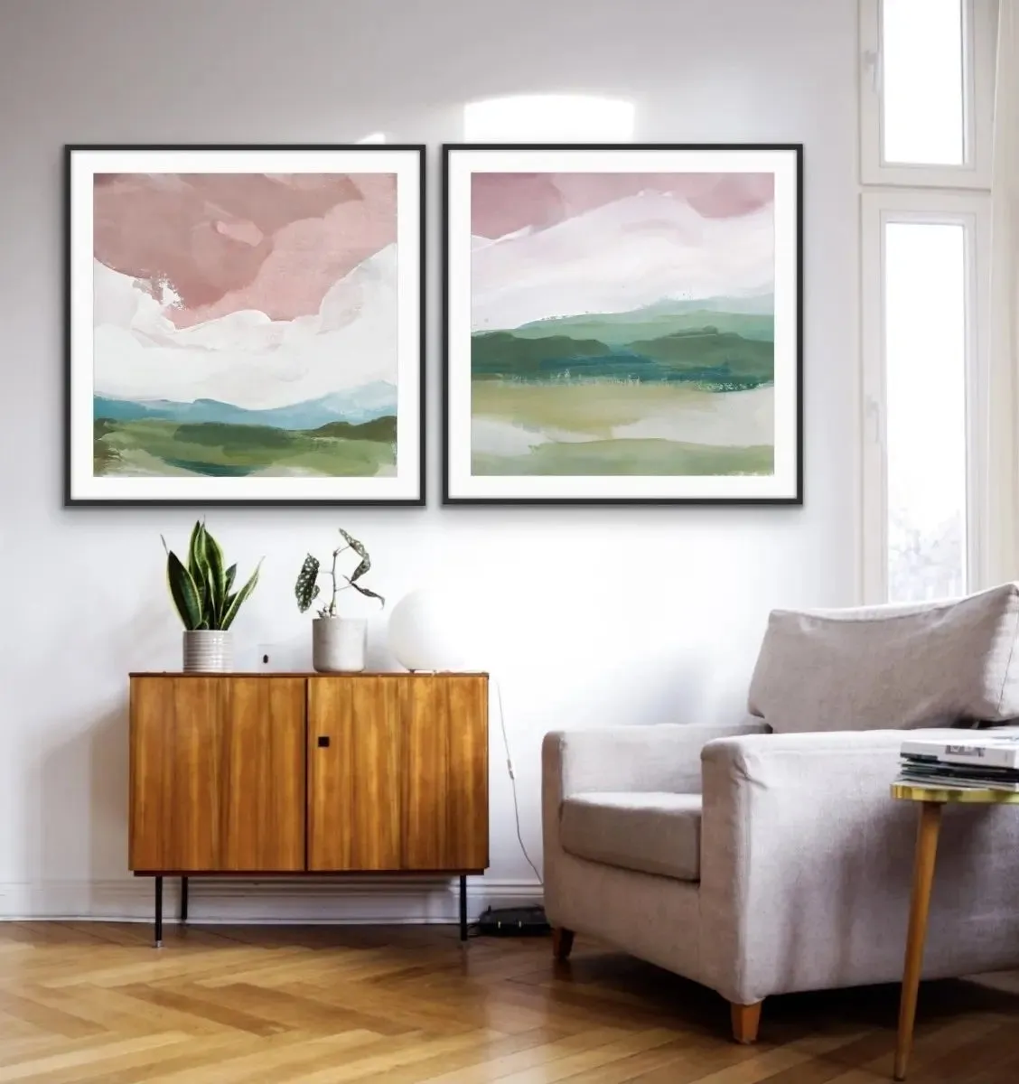 A Magic Place - Two Piece Square Abstract Landscape Pink and Green Print Set