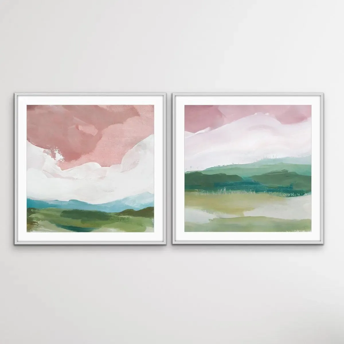 A Magic Place - Two Piece Square Abstract Landscape Pink and Green Print Set