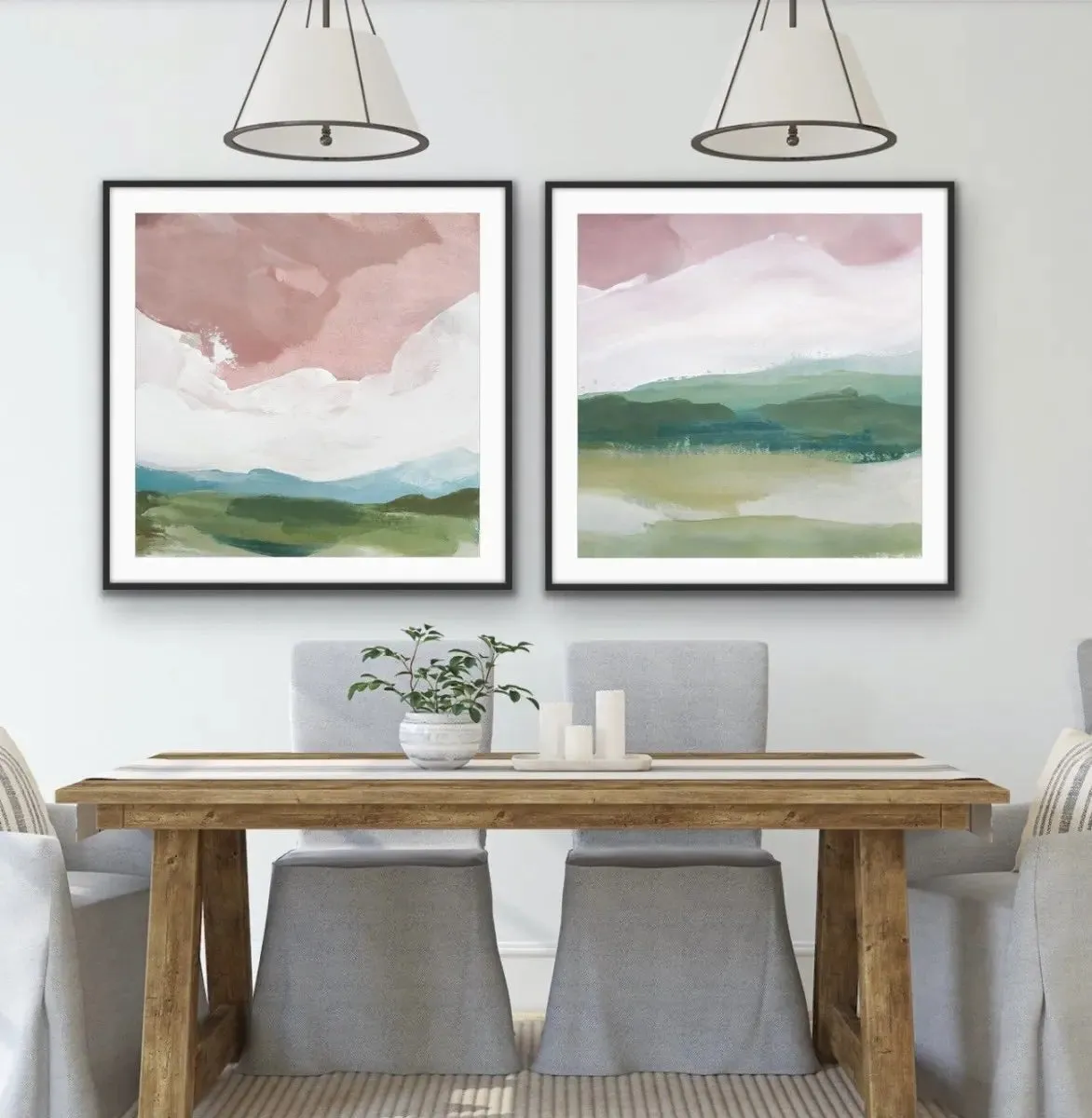 A Magic Place - Two Piece Square Abstract Landscape Pink and Green Print Set