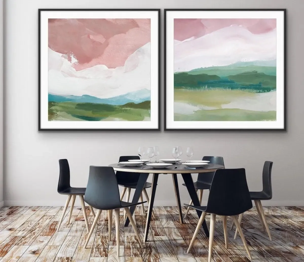 A Magic Place - Two Piece Square Abstract Landscape Pink and Green Print Set