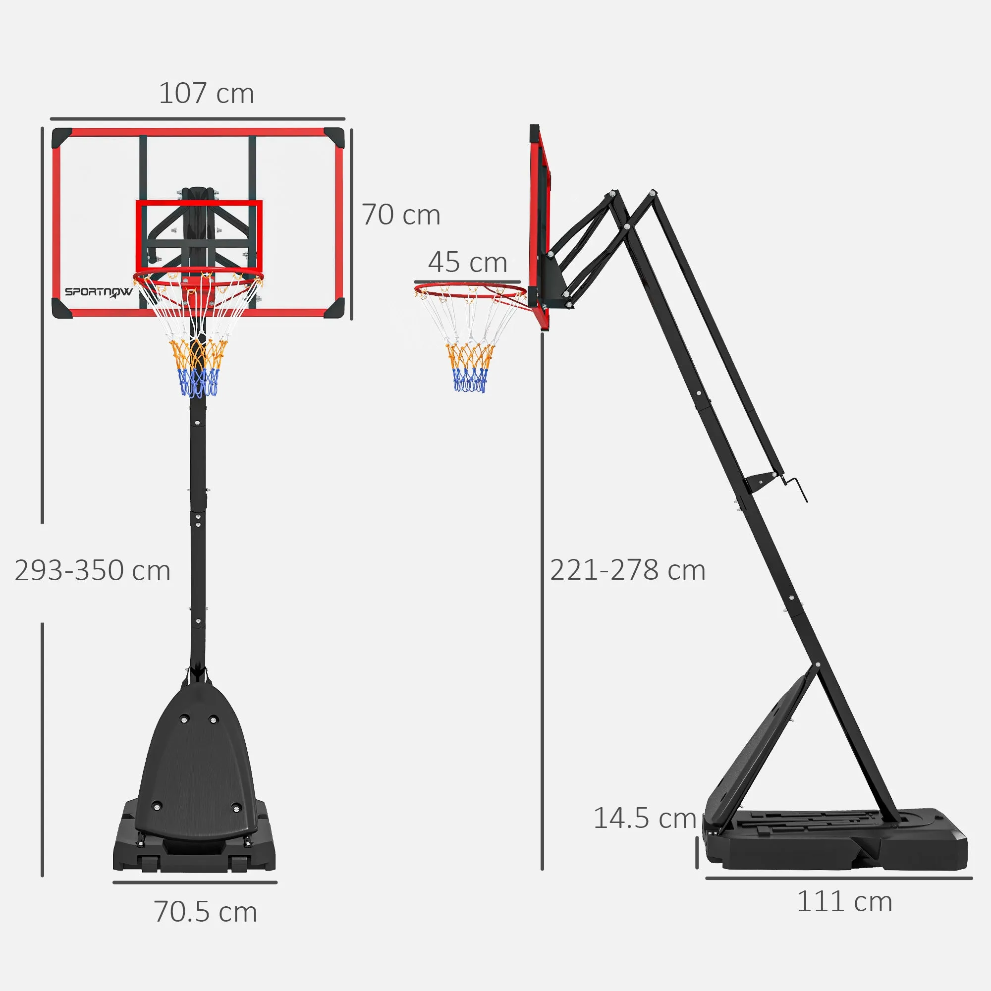 Adjustable Basketball Hoop with Weighted Base, 2.4-2.9m, Red