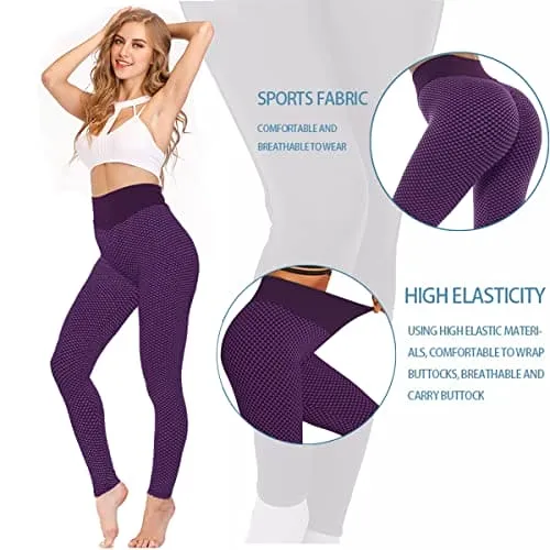 AIMILIA Textured Anti Cellulite Leggings for Women High Waisted Yoga Pants Workout Tummy Control Sport Tights Y-tight-purple