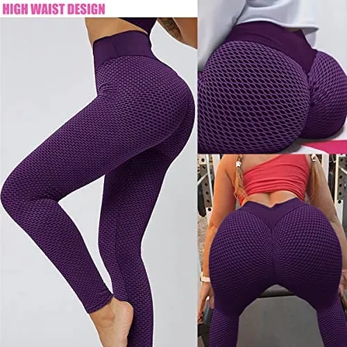 AIMILIA Textured Anti Cellulite Leggings for Women High Waisted Yoga Pants Workout Tummy Control Sport Tights Y-tight-purple