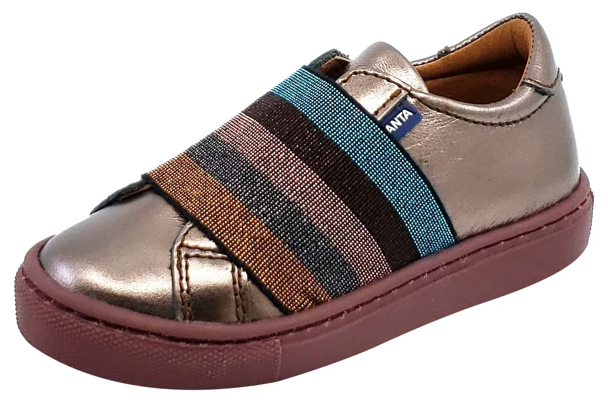 Atlanta Mocassin Girl's Leather Rainbow Elastic Band Slip-on Sneakers, Metallic