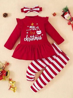 Baby Girl Christmas Outfits, Fall Winter Long Sleeve My First Christmas Letter Print Dress Top   Striped Pants 2pcs outdoor clothes Outdoor Set 3-18 Months, Outdoor Cloth