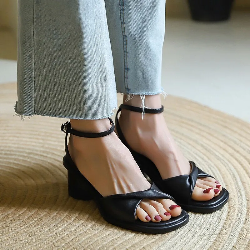 Back to school Summer Urban Casual Fashion High Shoes for Women Buckle-strap Real Leather Thick Heels Woman Sandals Outdoor Ladies Party Shoes