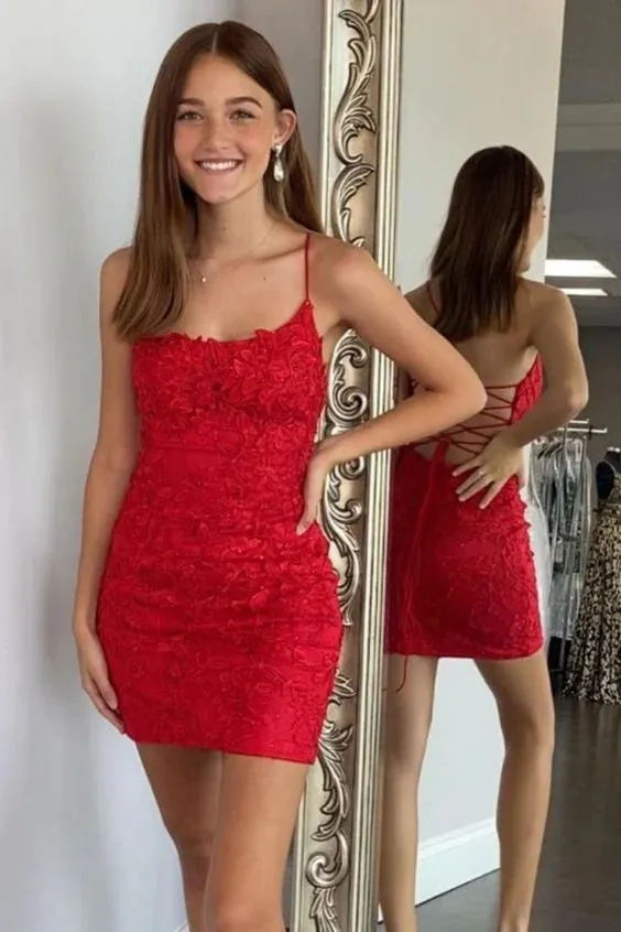 Backless Spaghetti Straps Lace Short Homecoming Dress,Short Prom Dresses