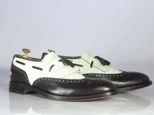 Bespoke Black White Wing Tip Fringe Shoes for Men's