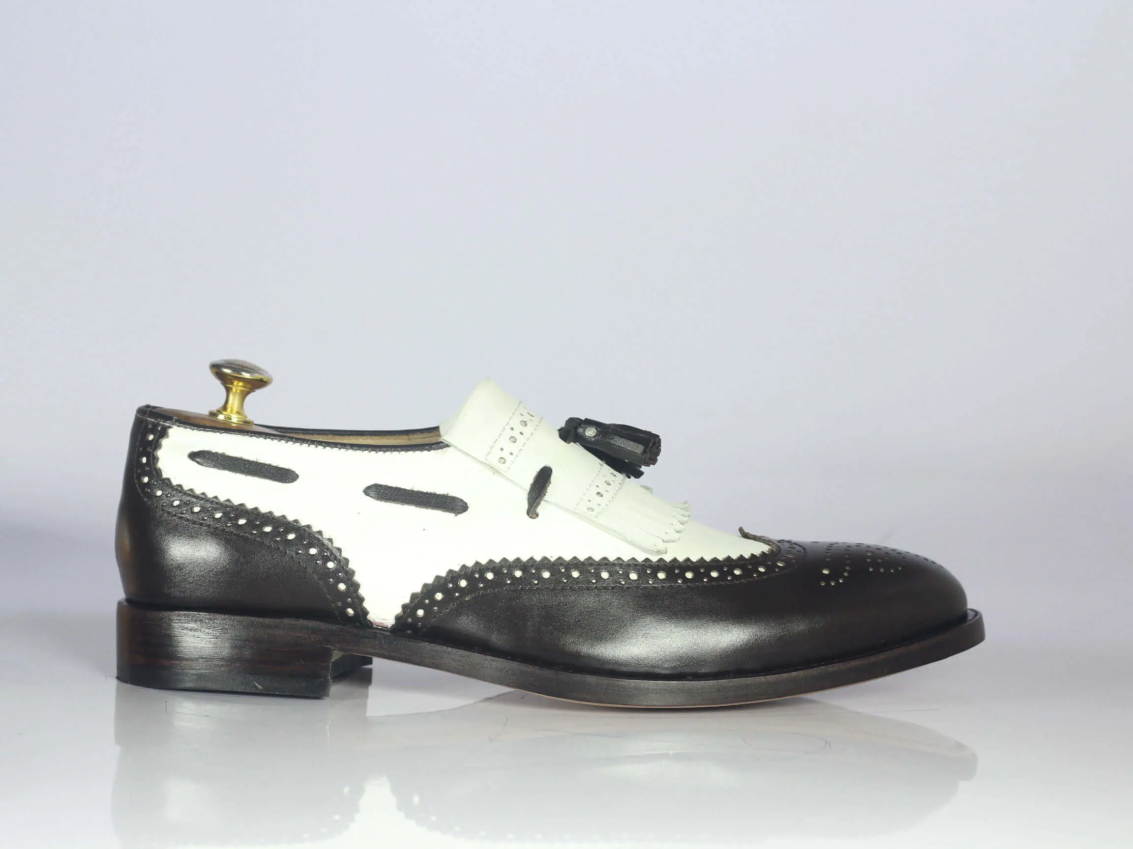 Bespoke Black White Wing Tip Fringe Shoes for Men's