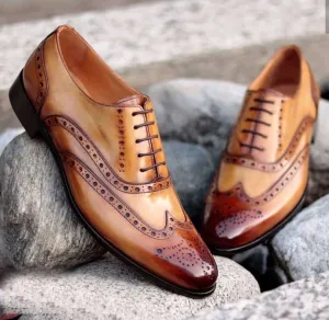 Bespoke Brown Leather Wing Tip Brogue Lace Up Shoes