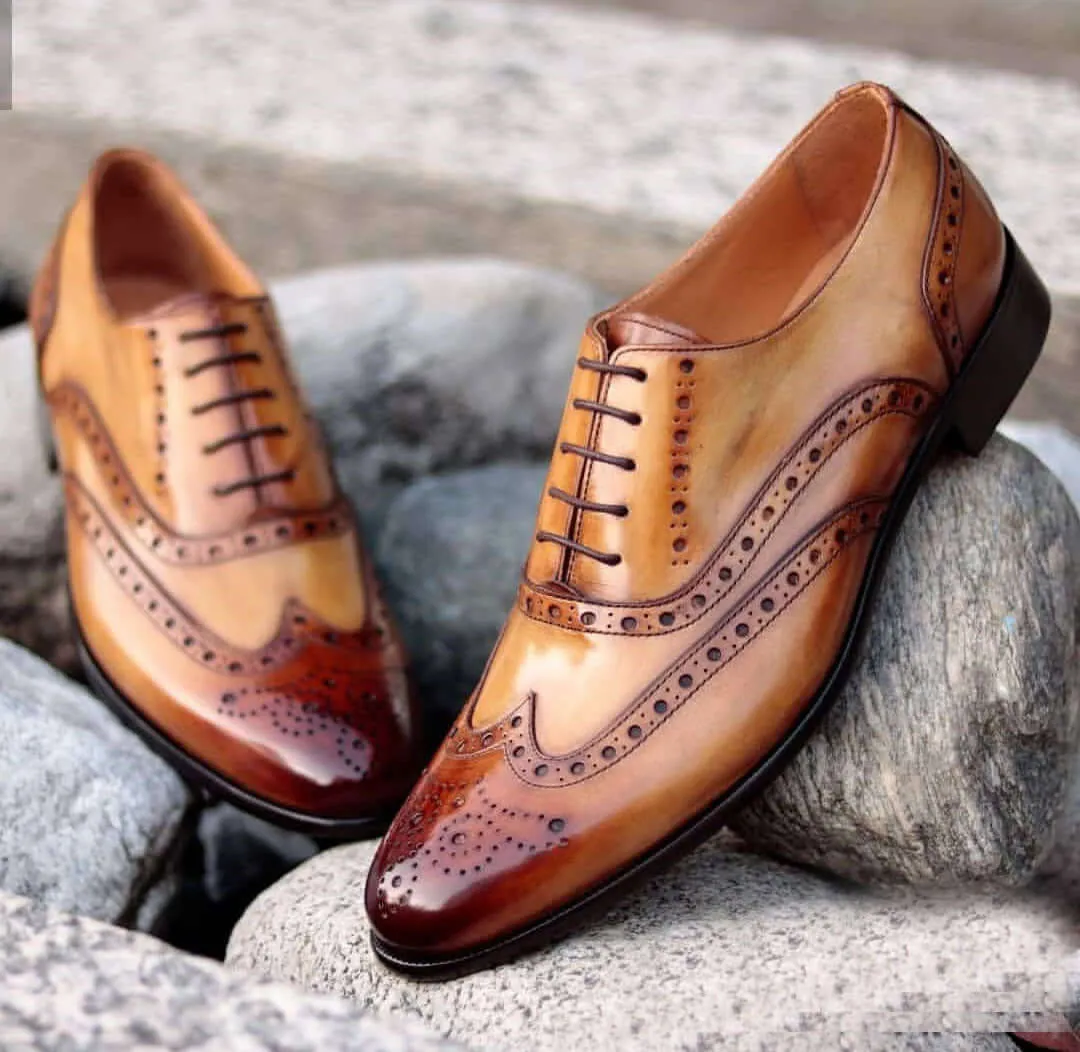 Bespoke Brown Leather Wing Tip Brogue Lace Up Shoes