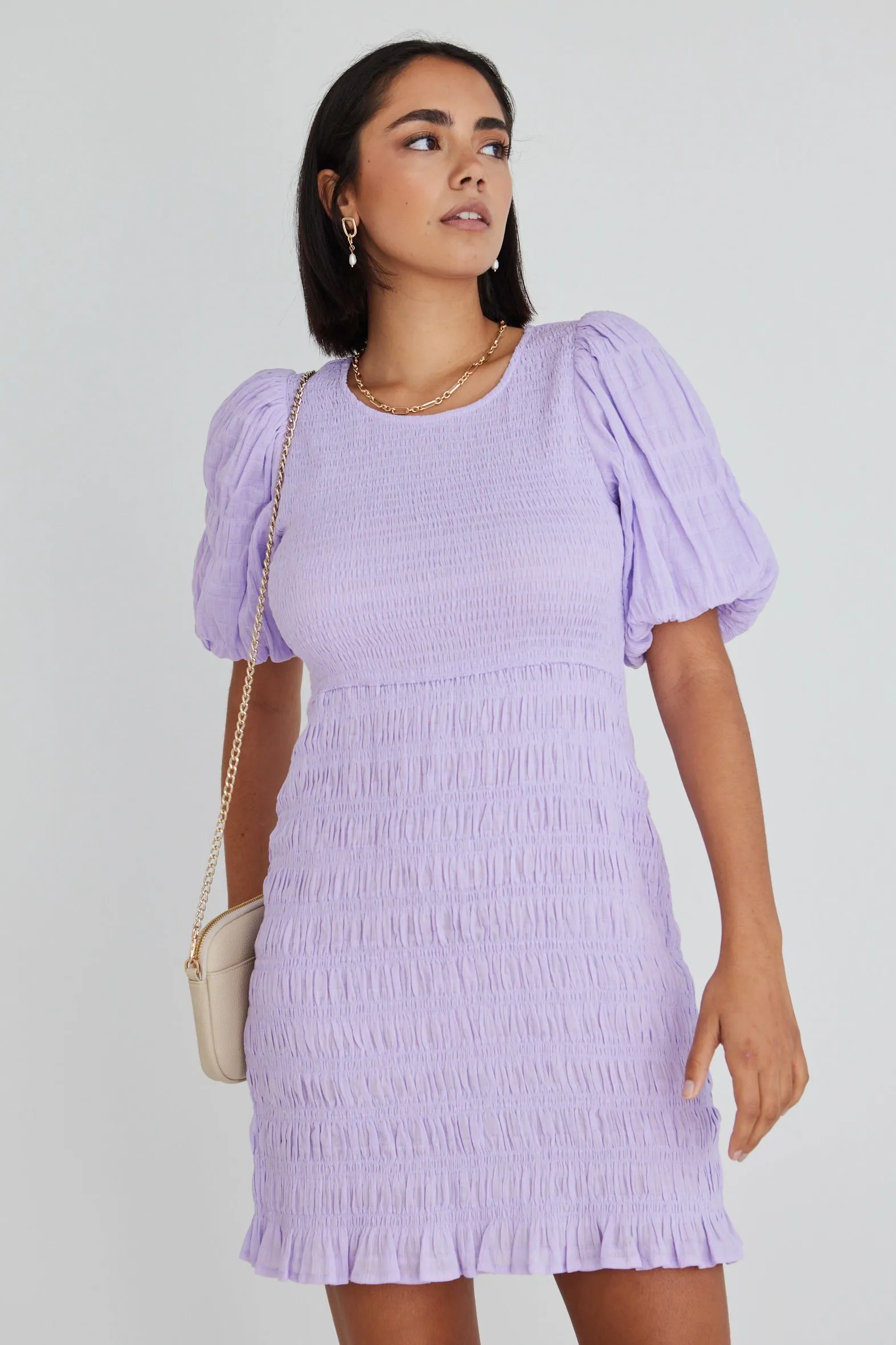 Bijou Lilac Puff SS Shirred Body Mini Dress