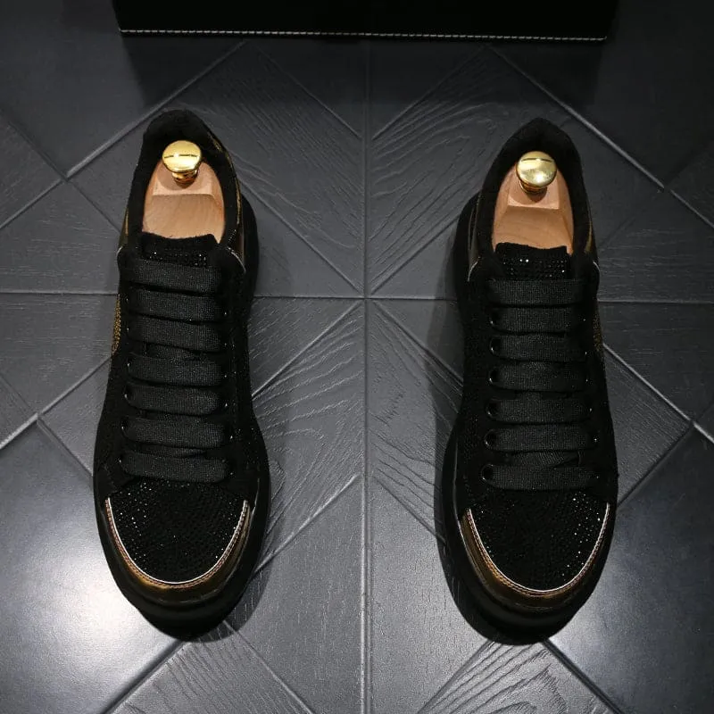 Black Casual Shoes with Gold Rhinestone Skull Design