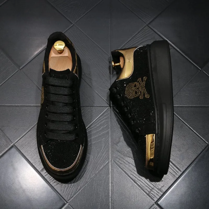 Black Casual Shoes with Gold Rhinestone Skull Design