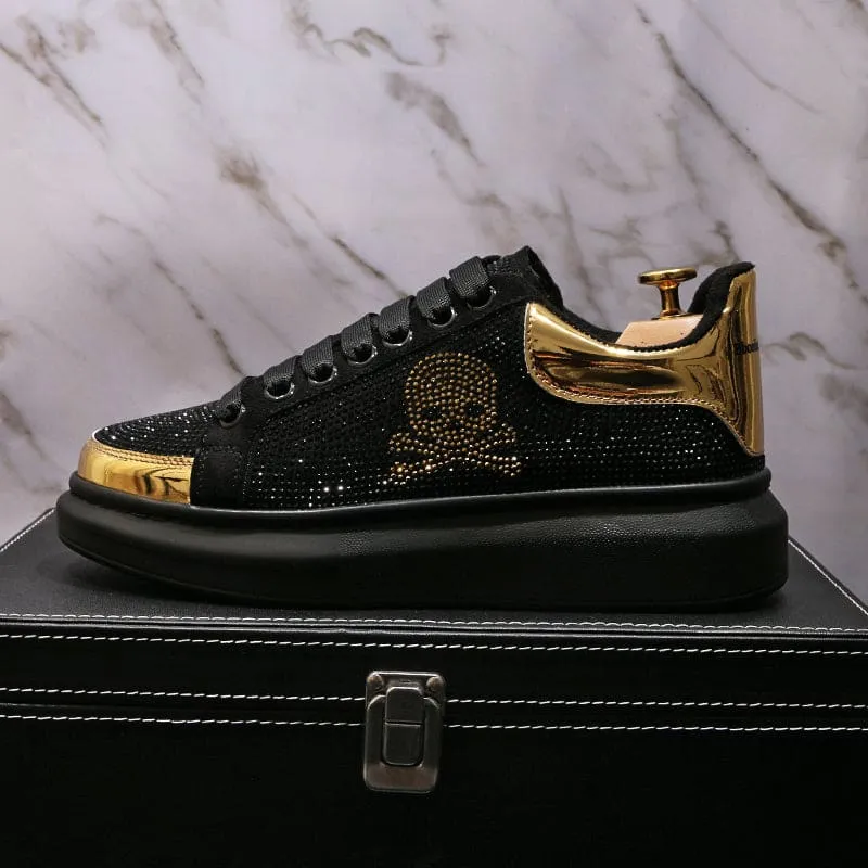 Black Casual Shoes with Gold Rhinestone Skull Design