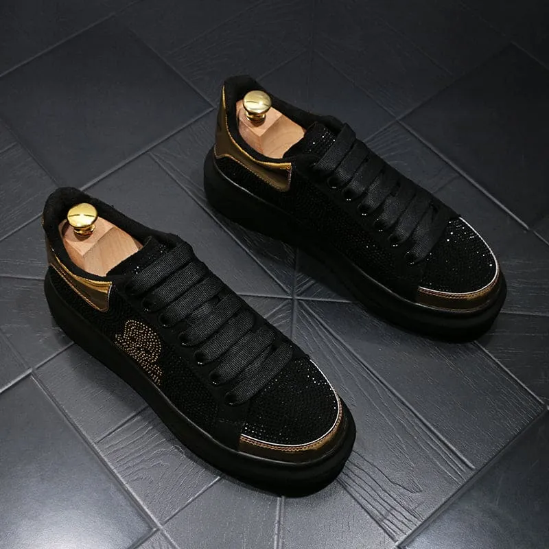 Black Casual Shoes with Gold Rhinestone Skull Design