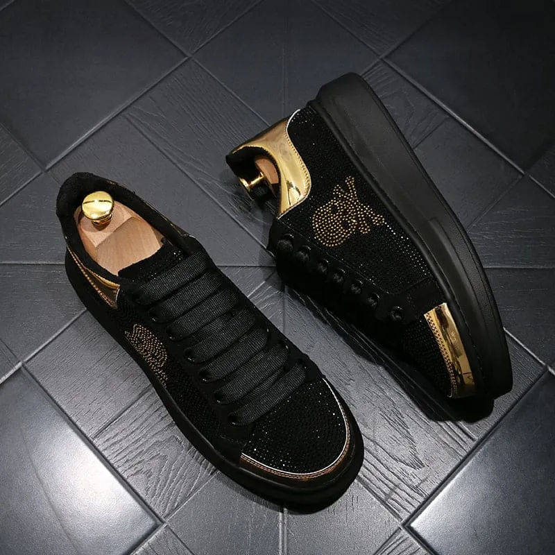 Black Casual Shoes with Gold Rhinestone Skull Design