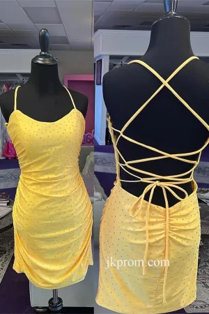 Bling Yellow Beaded Bodycon Mini Homecoming Dresses,Mini Cocktail Dress