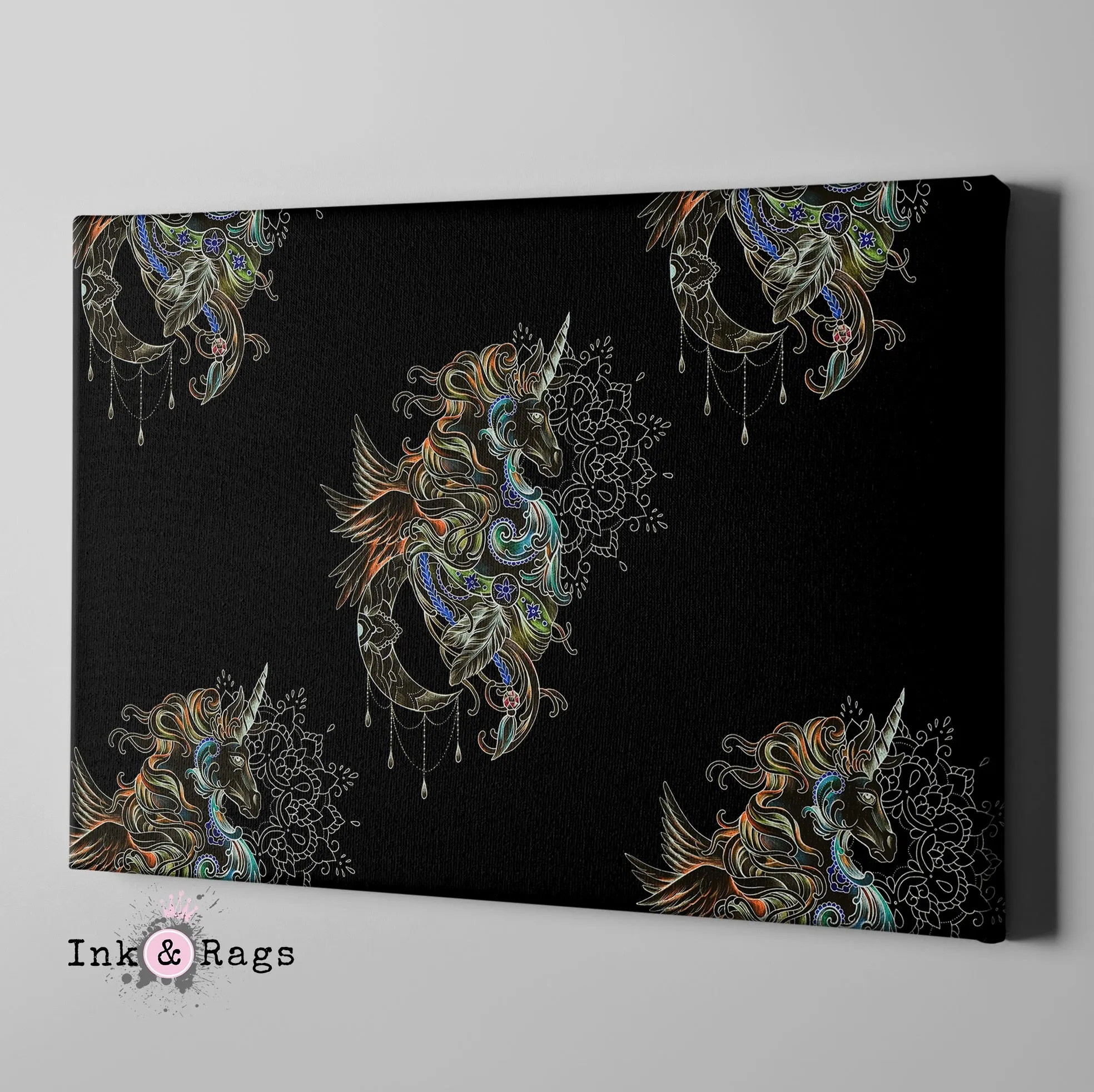 Bohemian Winged Unicorn Mandala Moon Gallery Wrapped Canvas