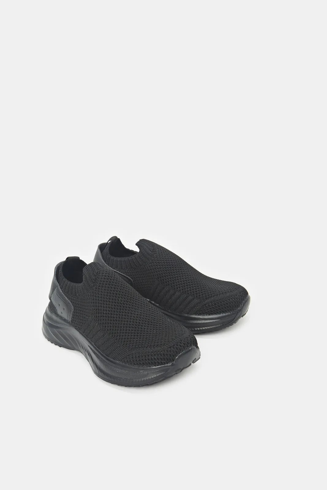 Boys Triple Black Knit Slip Ons