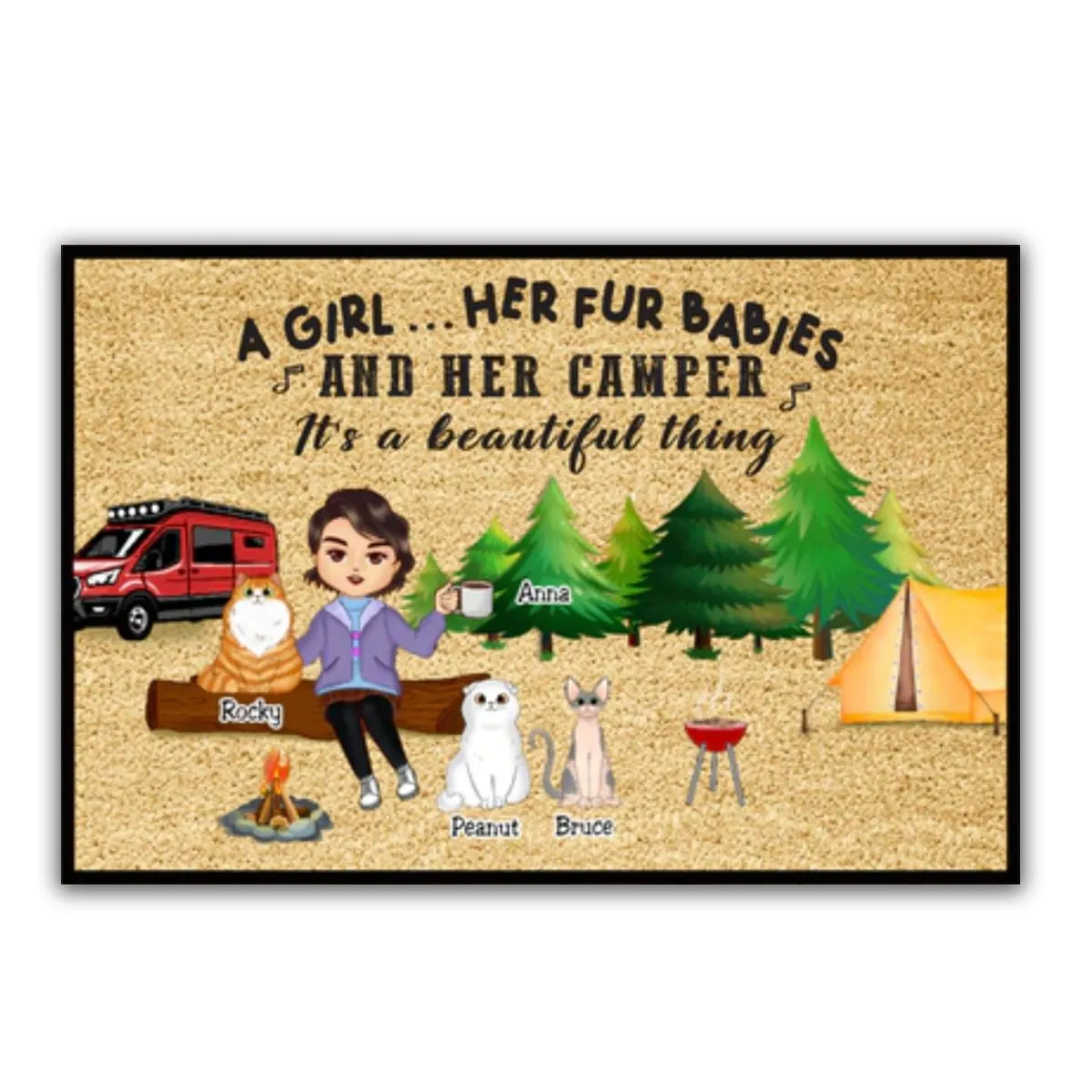 Campers - A Girl... Her Fur Babies And Her Camper - Personalized Doormat