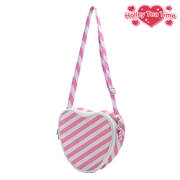 Candy Love Pink Diagonal Stripes Heart Shaped Shoulder Bag [Made To Order]