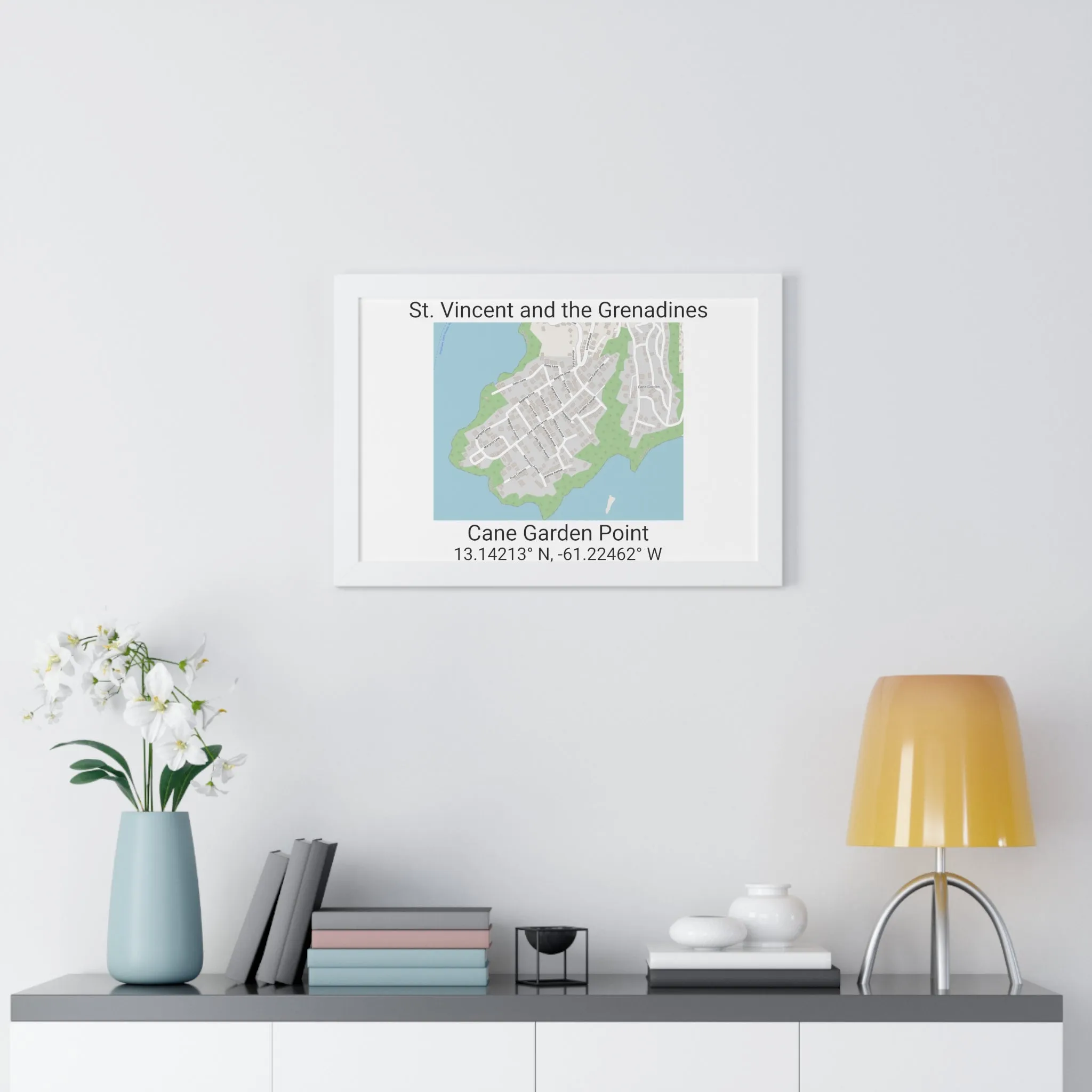 Cane Garden Point St. Vincent and the Grenadines Map Framed Print Poster, Cane Garden Point Streets Map Poster,