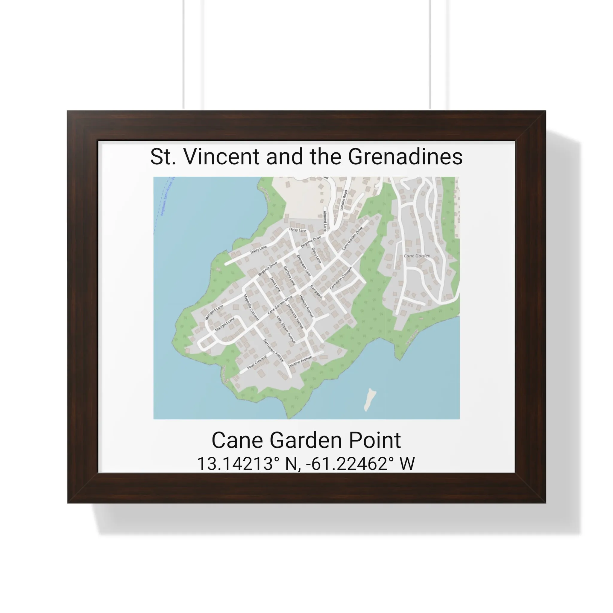 Cane Garden Point St. Vincent and the Grenadines Map Framed Print Poster, Cane Garden Point Streets Map Poster,