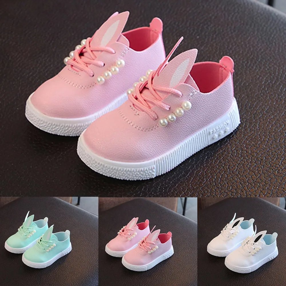 Casual Waterproof Girls' Rabbit Ear Shape Leather Shoes With Imitation Pearl