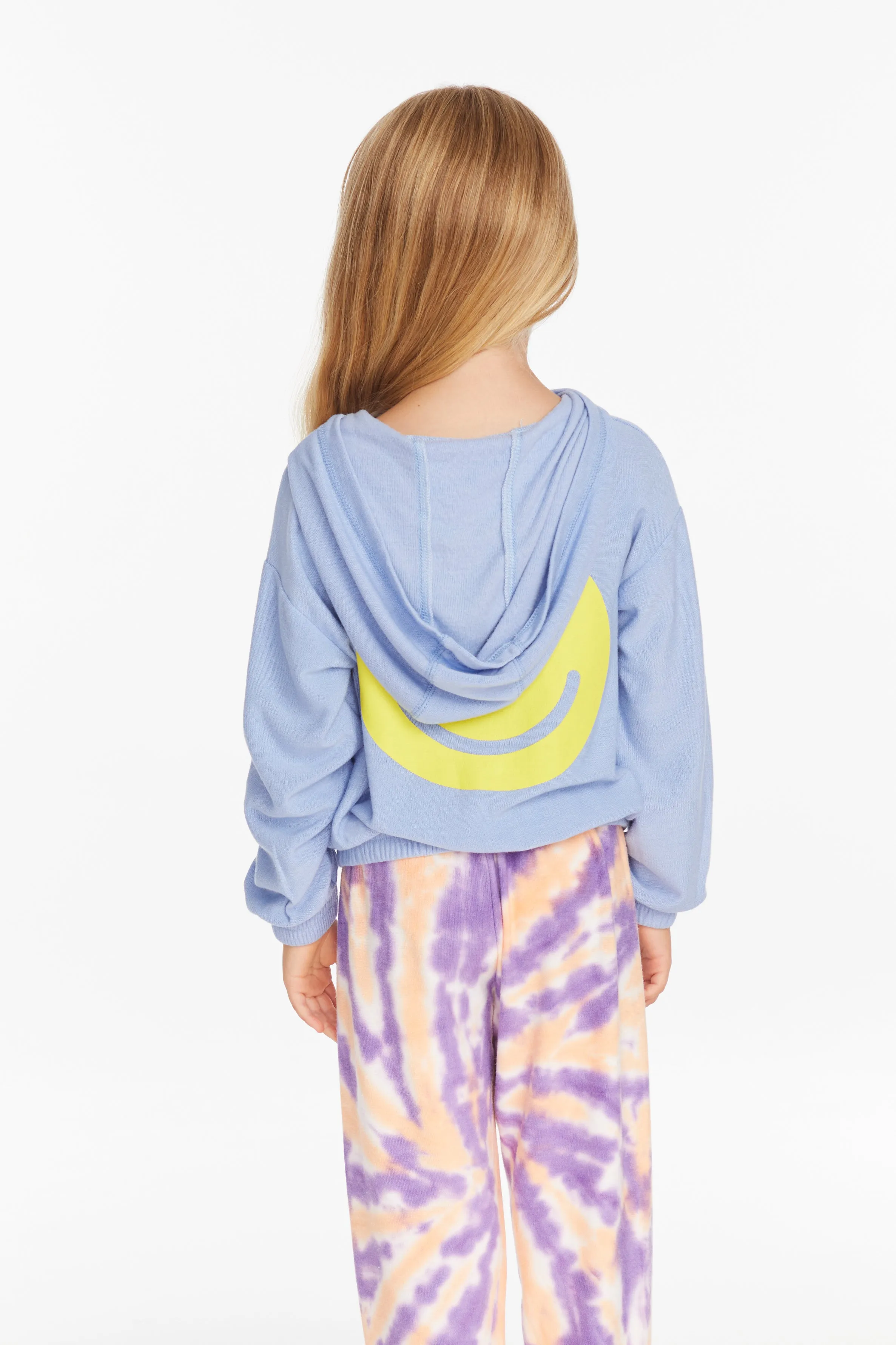 Chaser Star Smiley Semi Cropped Shirred Hoodie Pullover