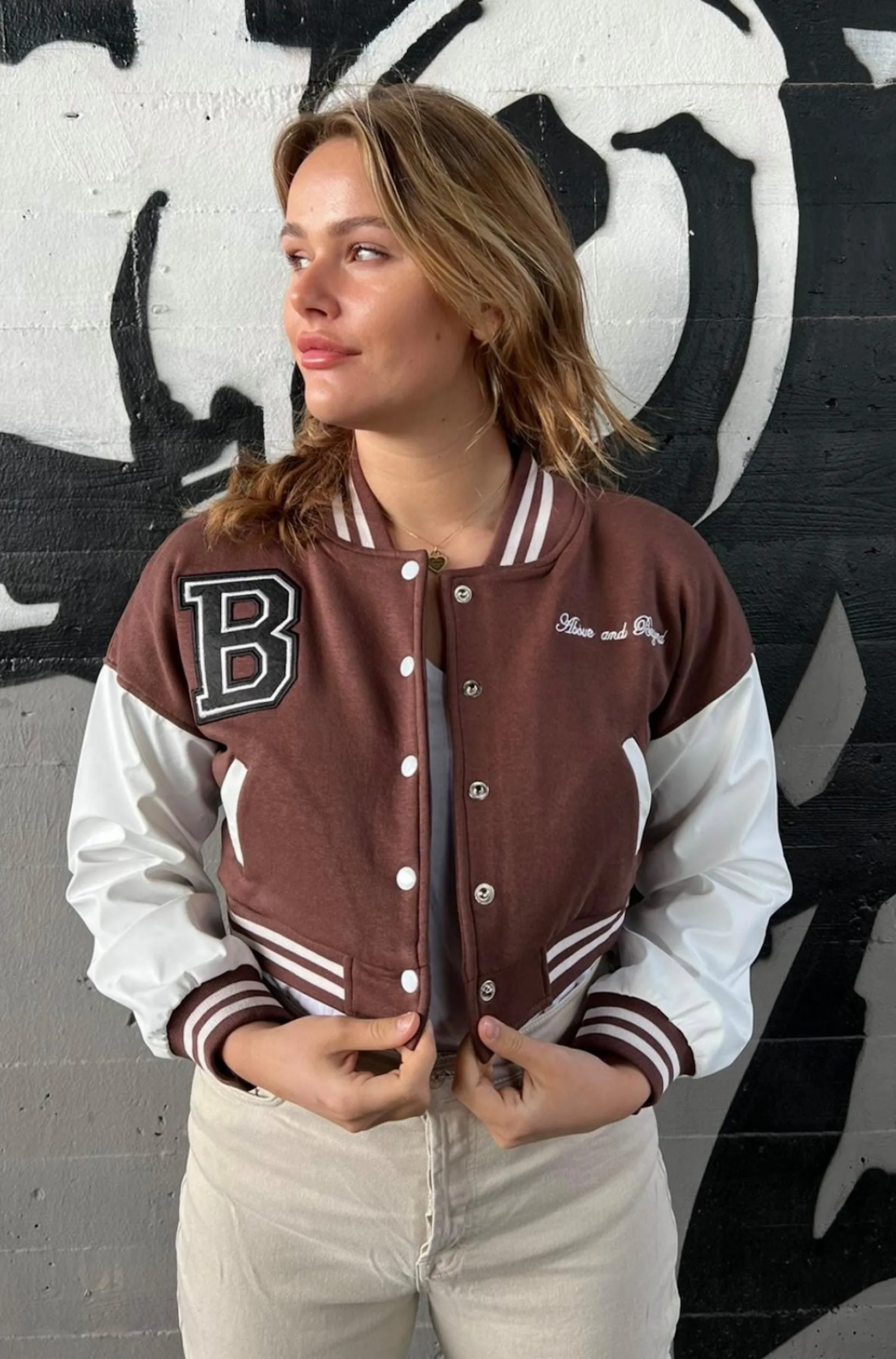 CHOCOLATE VARSITY GRAPHIC FAUX LEATHER SLEEVE BOMBER JACKET