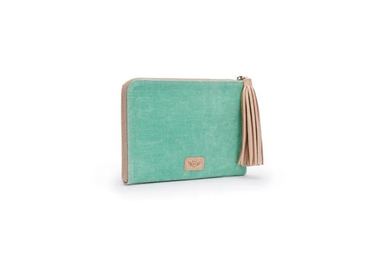 Consuela L Shaped Agnes Green and Tan Clutch 9151