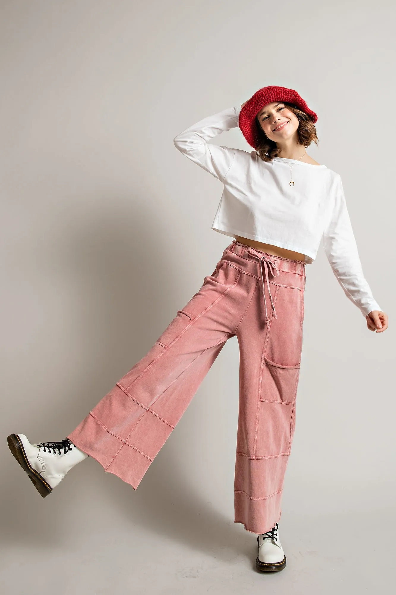 Easel Mineral Washed Terry Knit Pants in Mauve ON ORDER