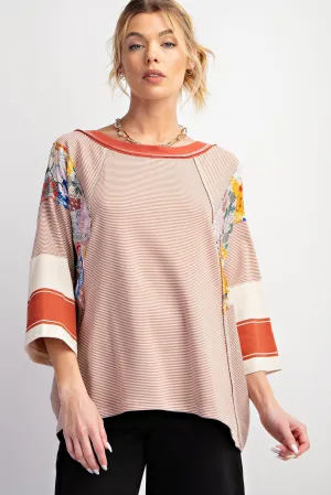 Easel Pin Stripe Top with Mixed Print Design in Cinnamon