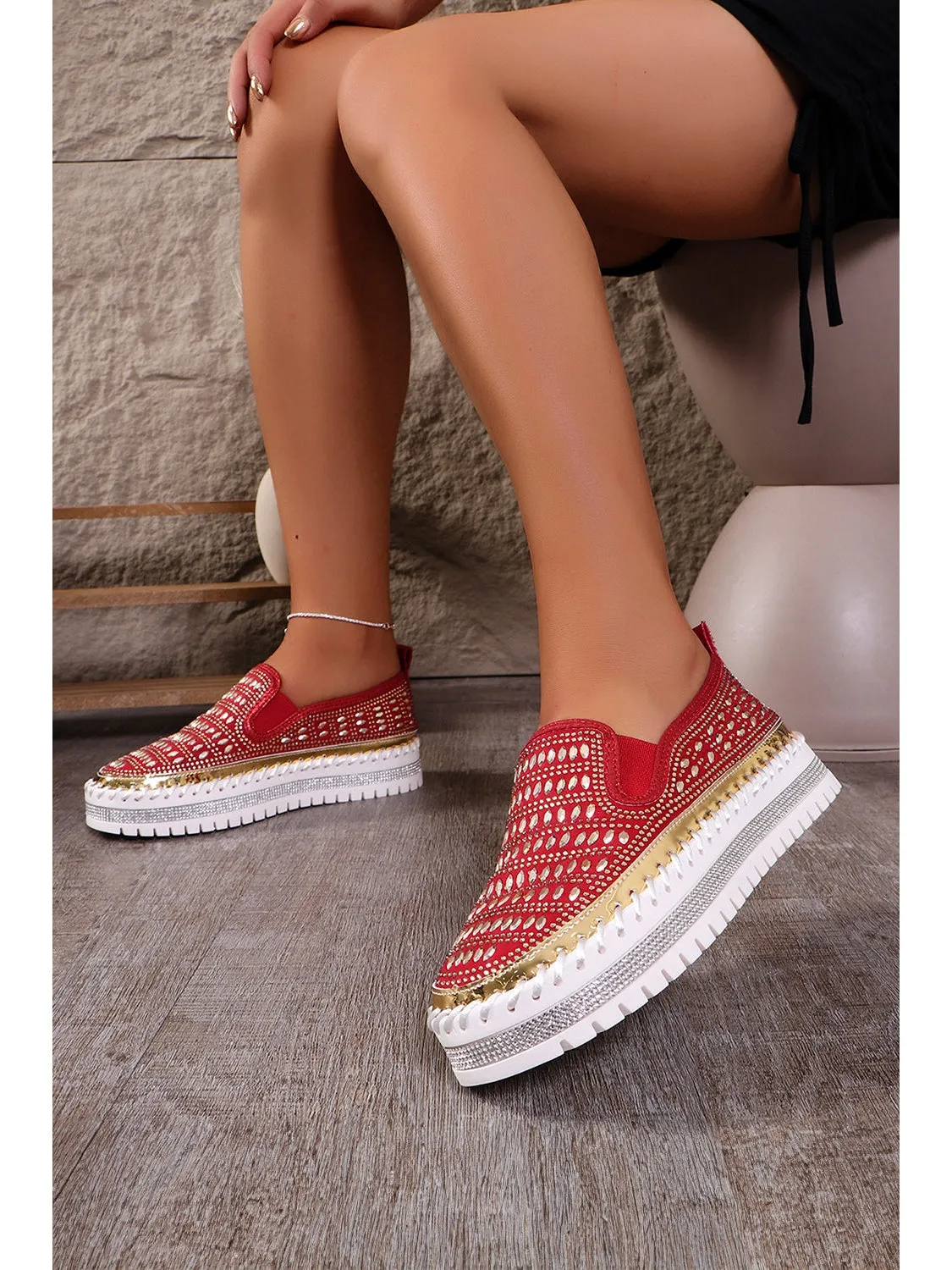 Fiery Red Shining Sequin Slip-On Sneakers