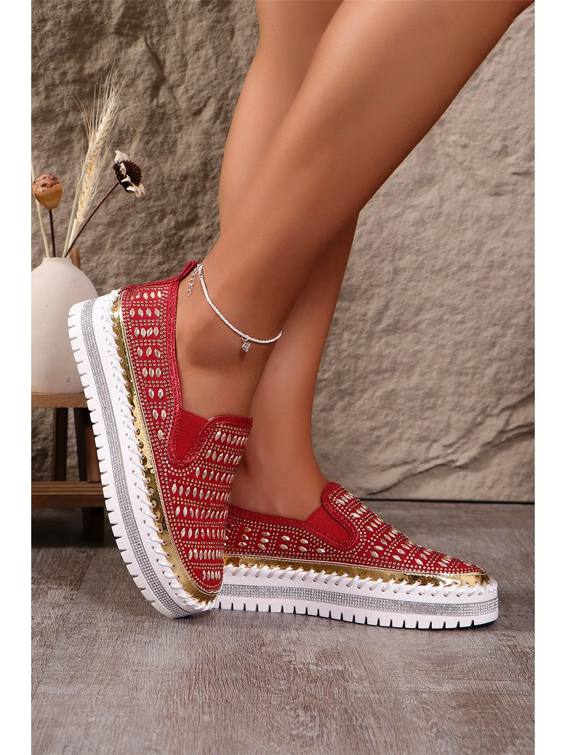 Fiery Red Shining Sequin Slip-On Sneakers