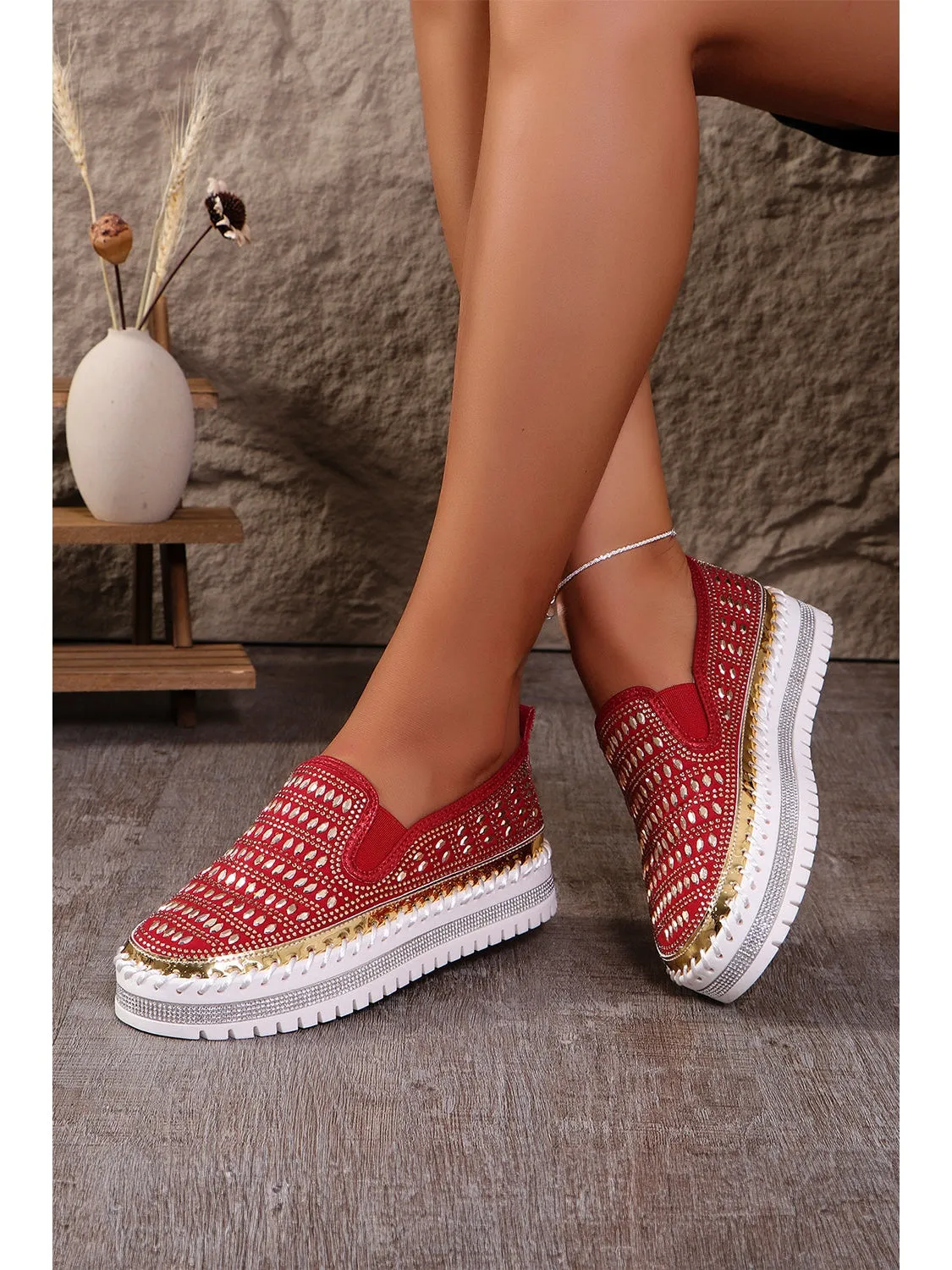 Fiery Red Shining Sequin Slip-On Sneakers