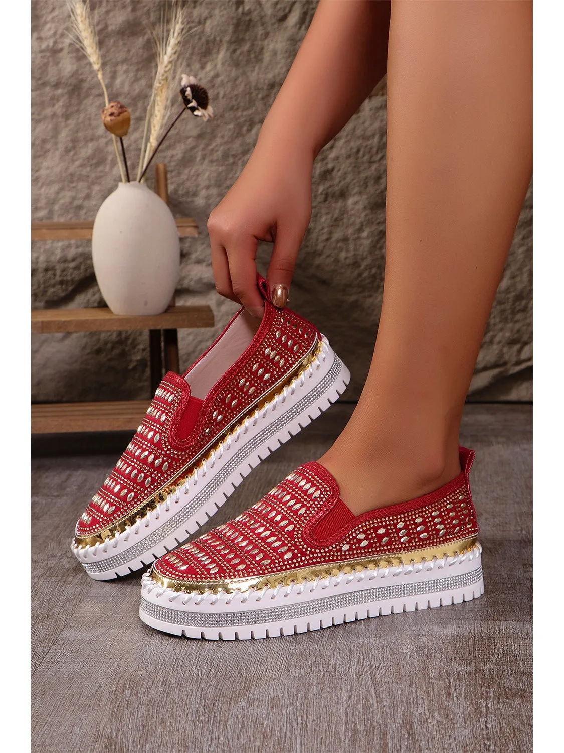 Fiery Red Shining Sequin Slip-On Sneakers