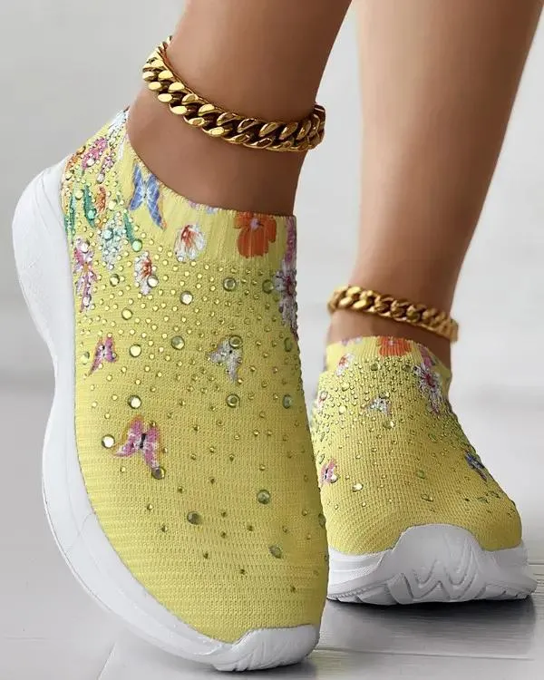 Floral Butterfly Waterdrop Print Breathable Slip-On Sneakers