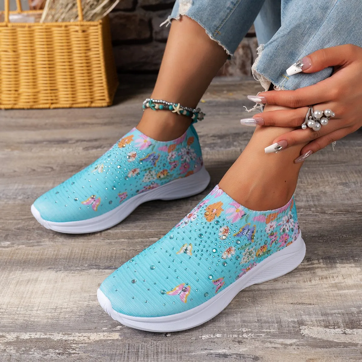 Floral Butterfly Waterdrop Print Breathable Slip-On Sneakers