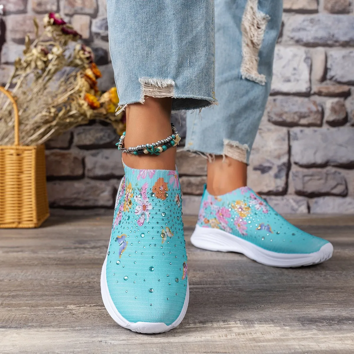 Floral Butterfly Waterdrop Print Breathable Slip-On Sneakers