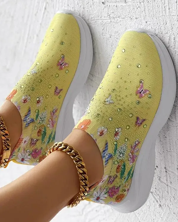 Floral Butterfly Waterdrop Print Breathable Slip-On Sneakers