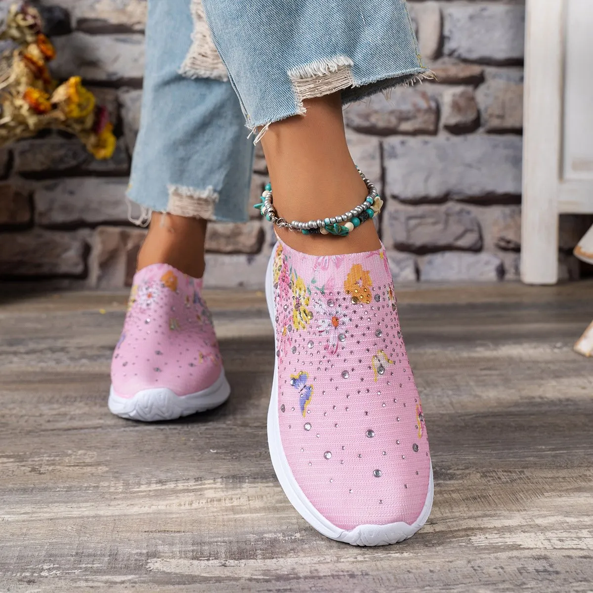 Floral Butterfly Waterdrop Print Breathable Slip-On Sneakers