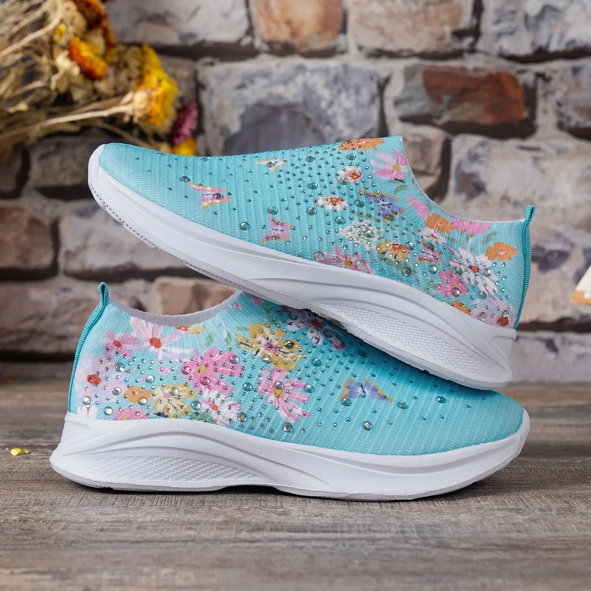 Floral Butterfly Waterdrop Print Breathable Slip-On Sneakers