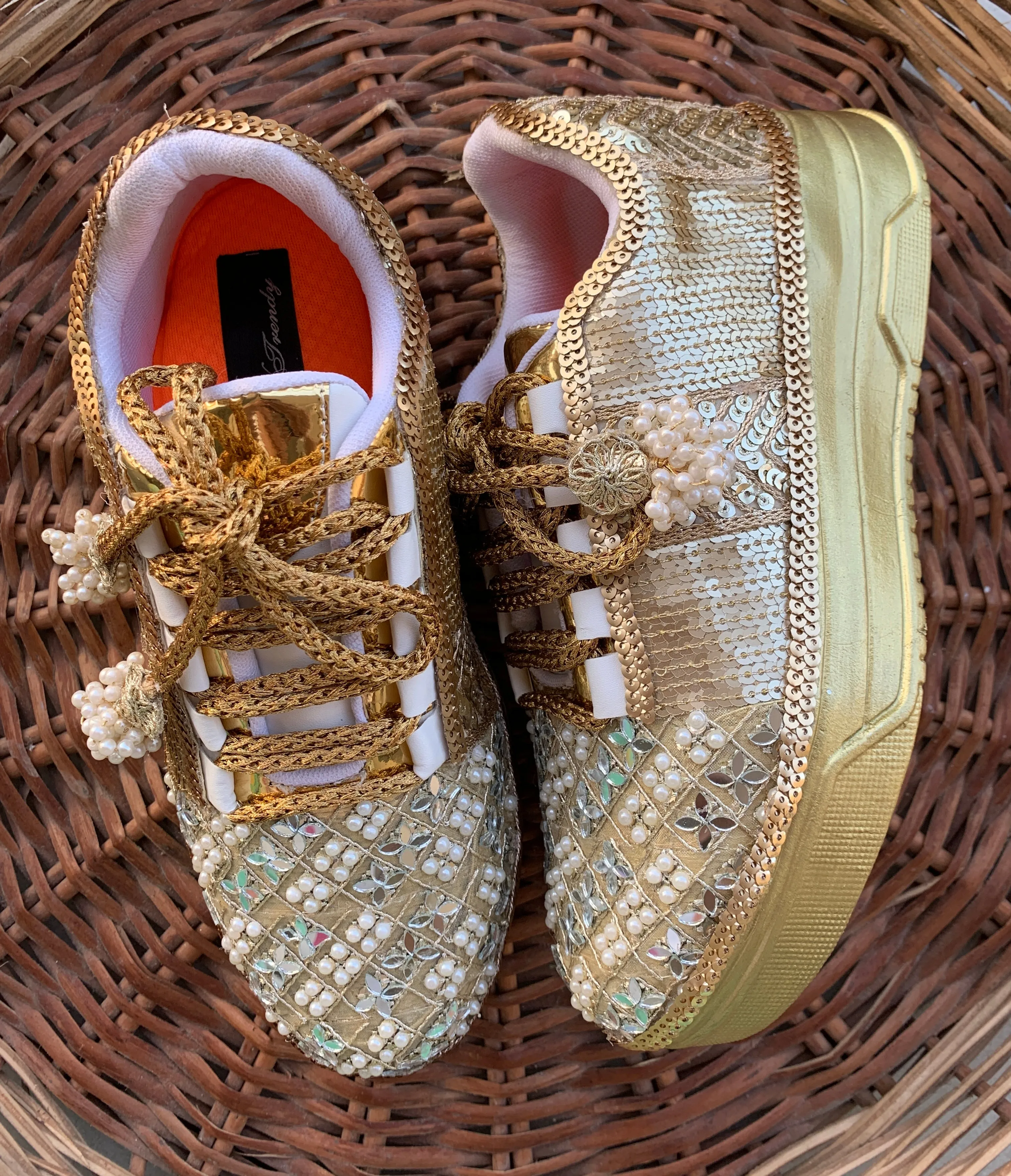 FUNKY N TRENDY golden mirror pearl and sequine work bridal sneakers / bridesmaid sneakers/ gold sneakers / golden sneakers