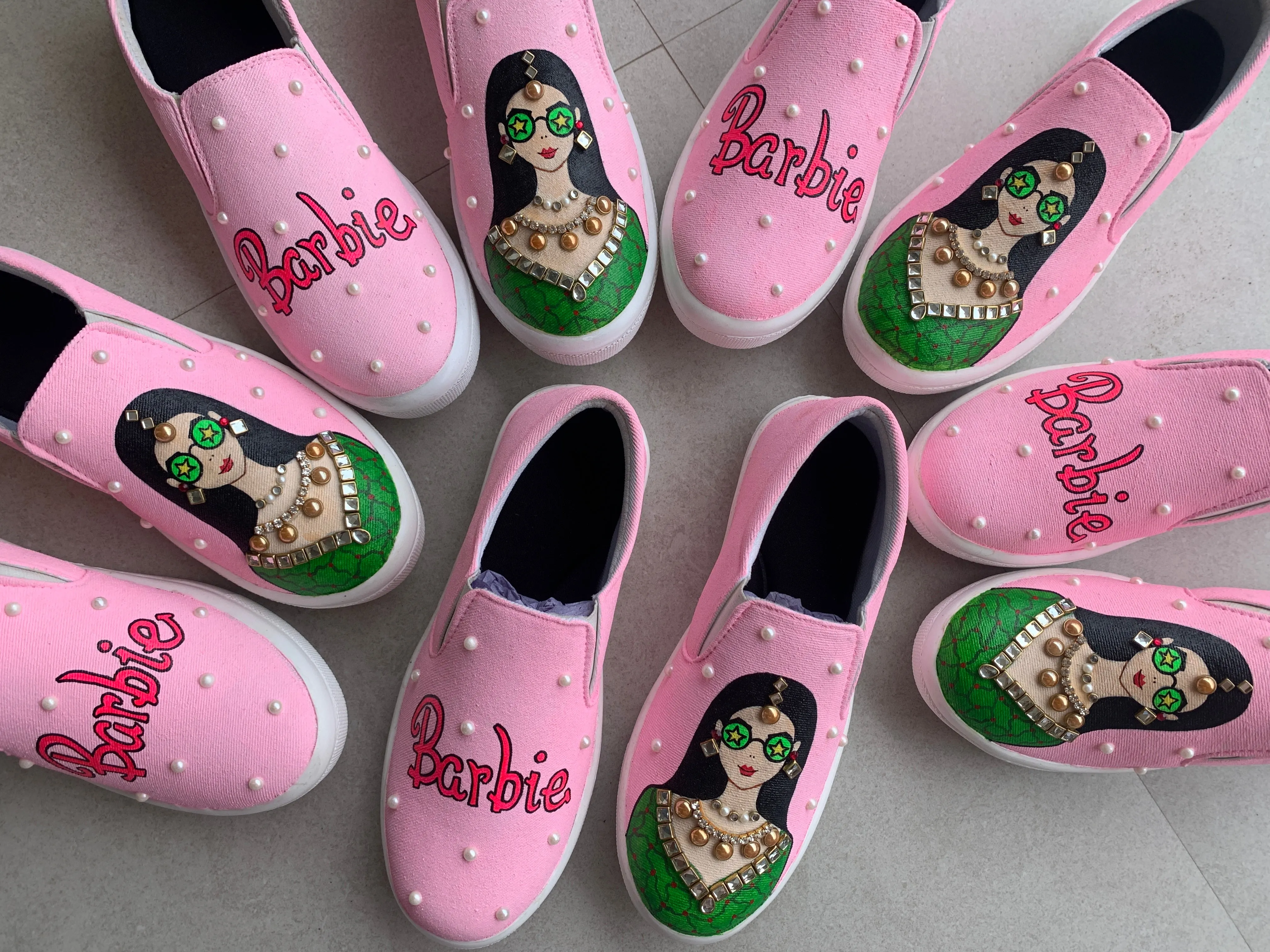 Funky N Trendy hand painted water resistant “Barbie” wedding theme shoes for bride/ bridesmaid/ pink shoes / pink sneakers / pink slip ons