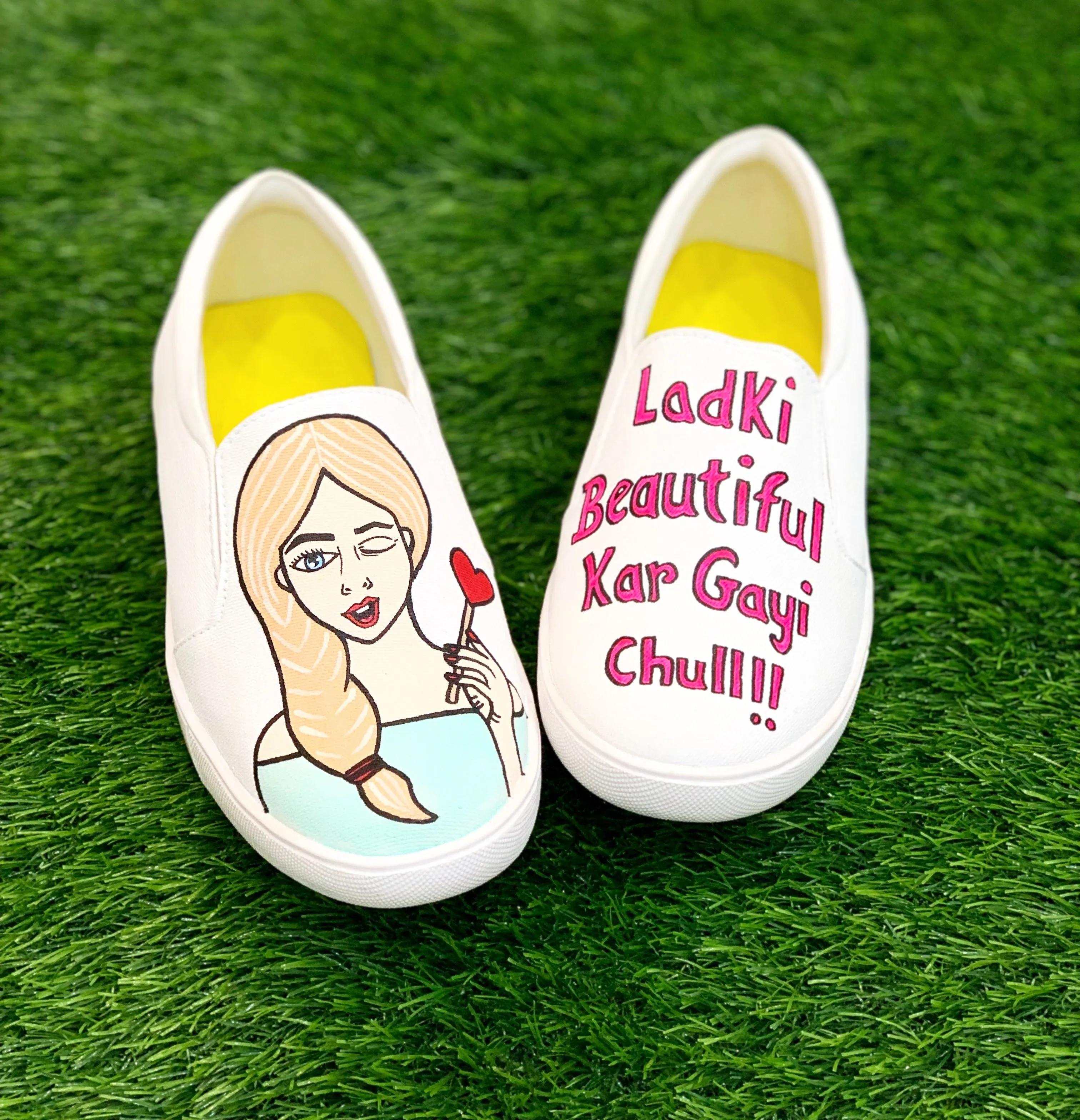 Funky N Trendy hand painted water resistant Quirky quote white slip on shoes/ handpainted shoes/ women shoes / funky shoes/ white handpainted shoes