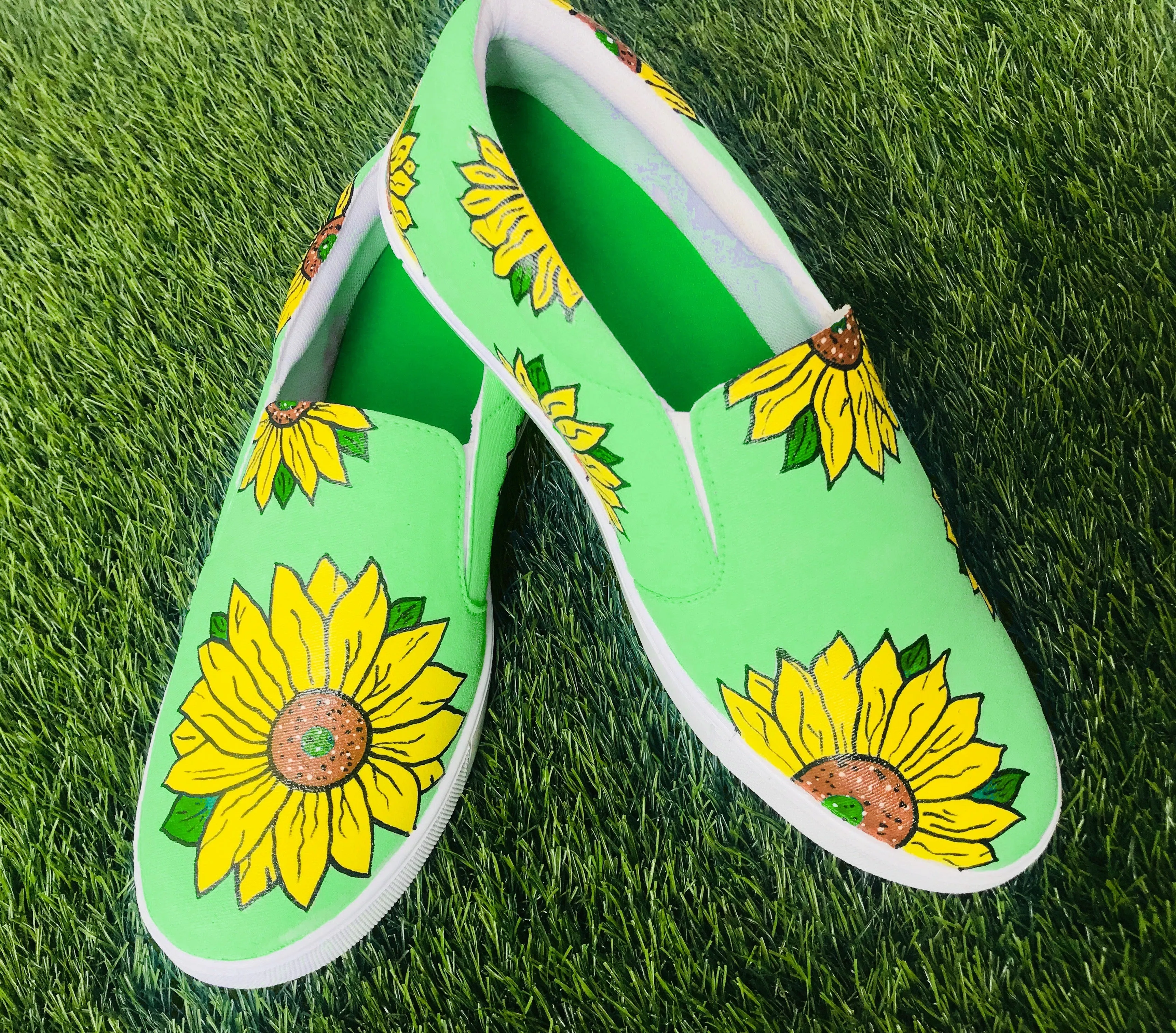 Funky N Trendy hand painted water resistant Sunflower slip on shoes/ handpainted shoes/ women shoes / funky shoes/ green shoes / funky handpainted shoes